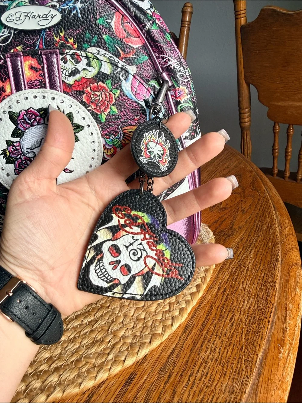 Ed Hardy Pink Metallic Mini Backpack with Multicolor Skull & Rose Print